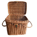 French woven willow basket with open  lid detail