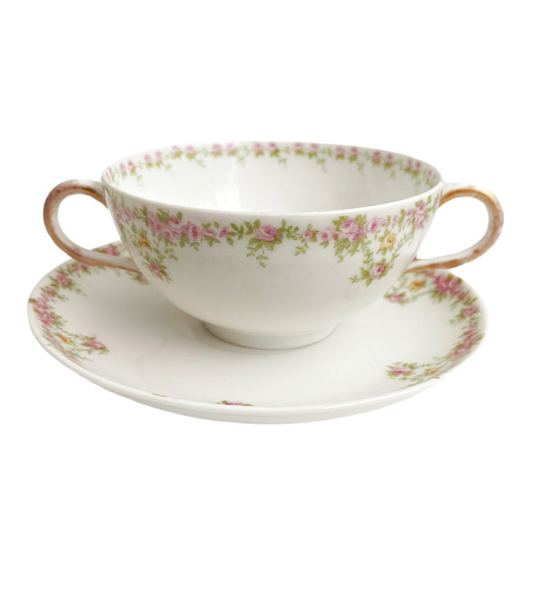 Antique French Limoges Pink Rose Floral Cream Soup Bouillon Cup