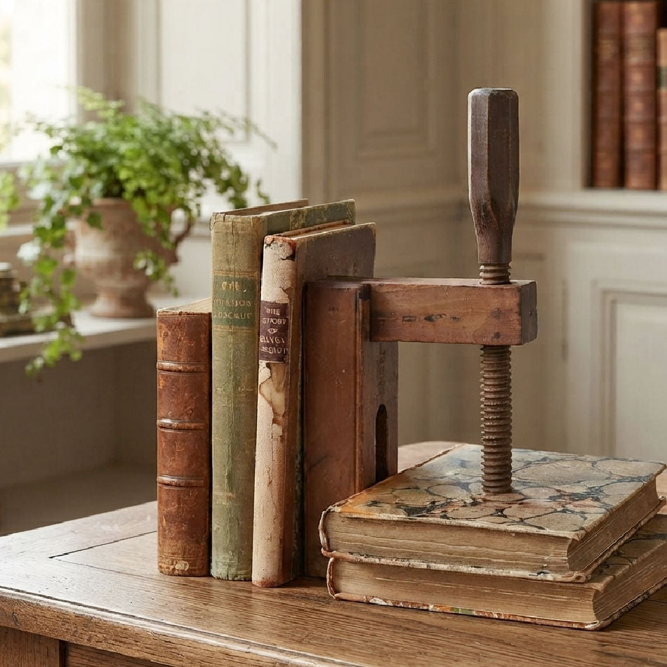 Antique French wooden carpenter’s bench vise by M. Mercier in library