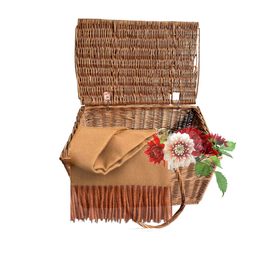 French brocante market basket rustic patina with alpaca throw and market flowers
