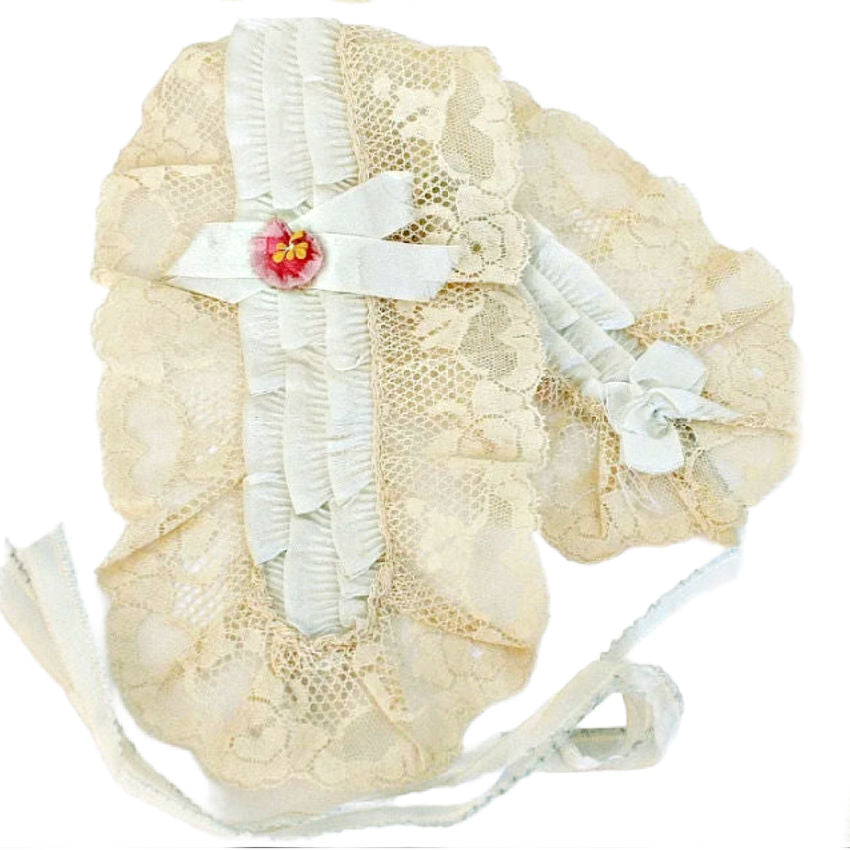Exceptional antique French silk lace cap with robin’s egg blue ribbons, pink rosette, cream net lace. Rare early 1900s pre-flapper headpiece, folded