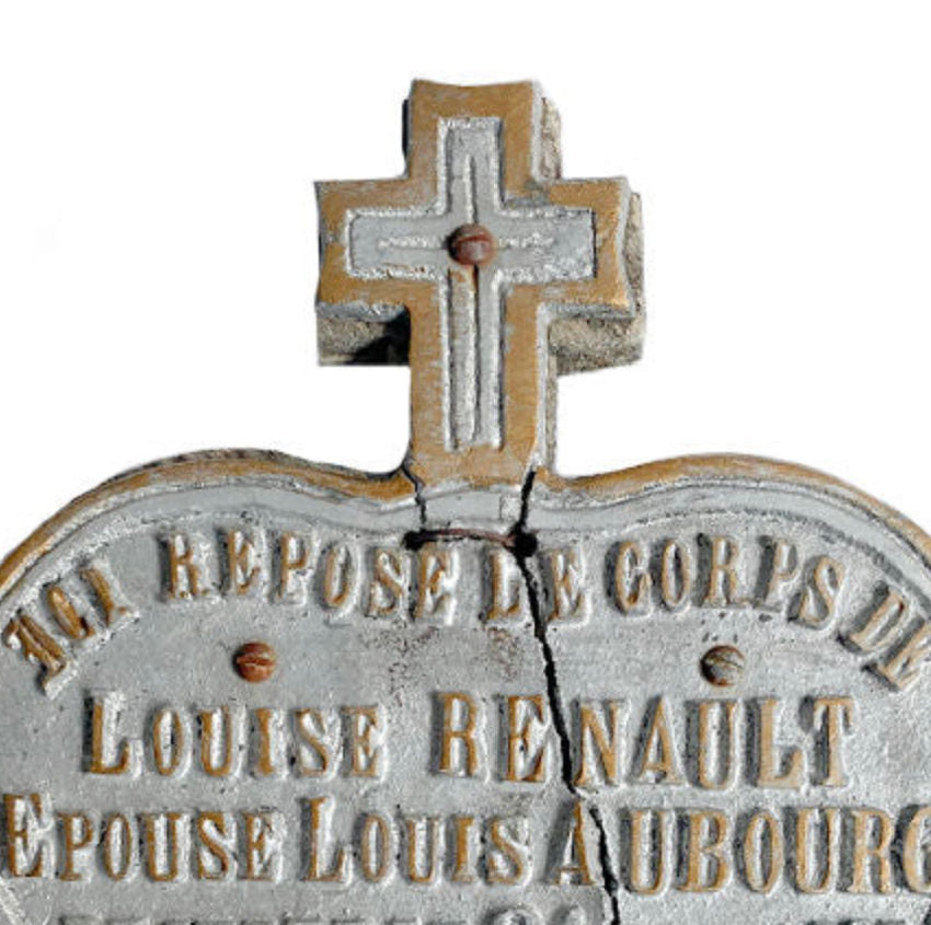 Detail of Sacred Heart motif and cross crown French cemetery plaque