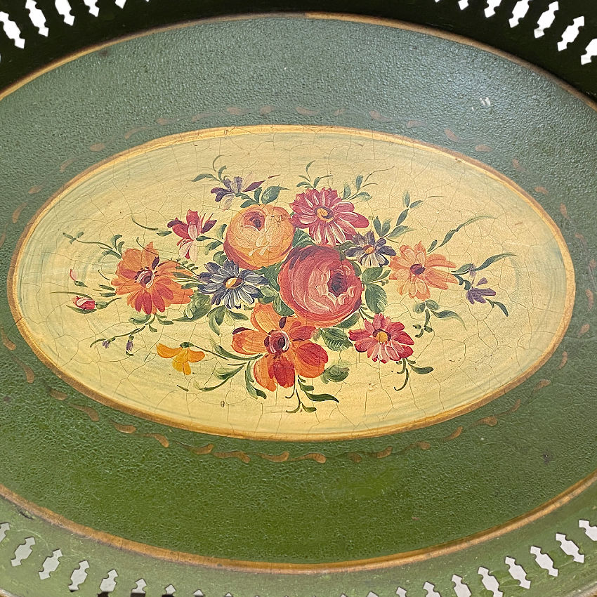 antique French tray, French country decor, hand painted tole, floral tole tray, vintage French serving tray, French cottage style, painted metal tray, French farmhouse decor, 19th century French tole, floral bouquet design, antique decorative tray, French provincial decor, shabby chic French tray, collectible French toleware, European antiques