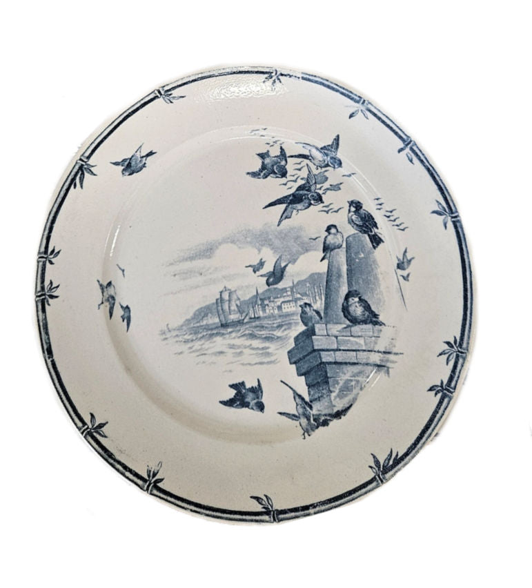 Antique Gien Oiseaux et Bourgeois 8-1/2" blue transferware plate with birds and sail boats.