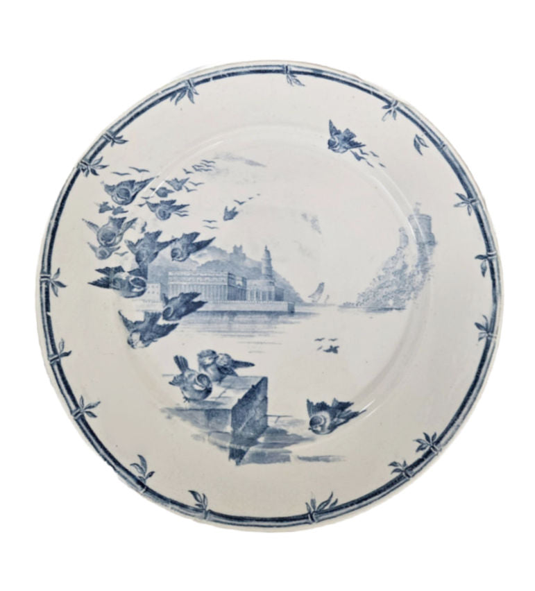 Antique Gien Oiseaux et Bourgeois 8-1/2" blue transferware plate, with birds yling over lake and castles. 