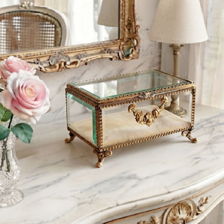 Antique Gilt Beveled Glass Jewelry Casket with Rose Garland