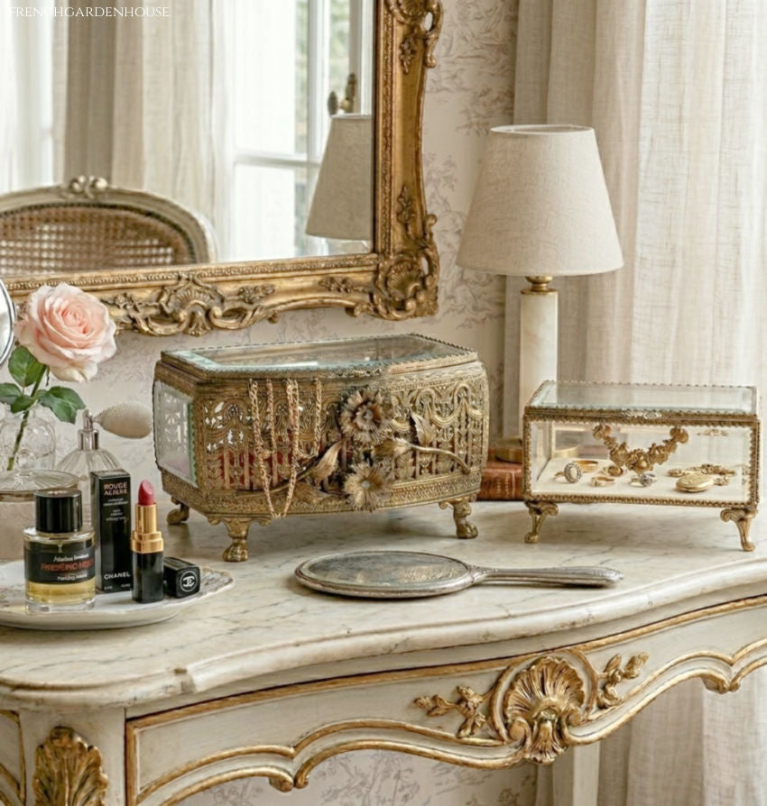 Gold-Plated Beveled Glass Jewelry Casket Rose Garland Rococo Feet 6"x5 Gold-Plated Beveled Glass Jewelry Casket Rose Garland Rococo Feet 6"x5