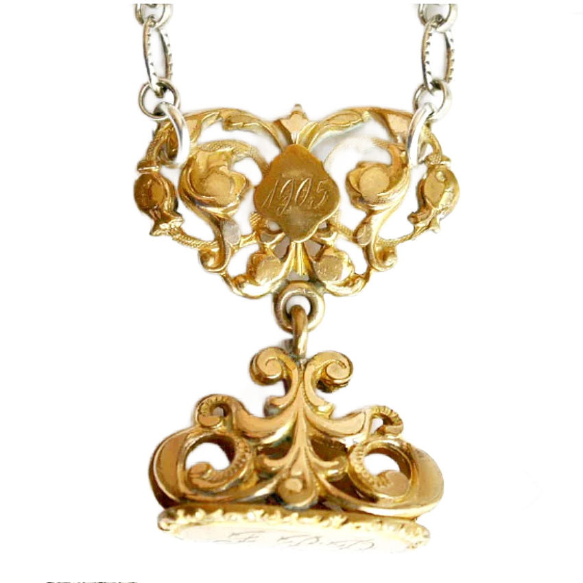 Antique Edwardian watch fob necklace with monogram JPD and engraved 1905 heart. A romantic heirloom jewel rich with history, character, and enduring elegance.