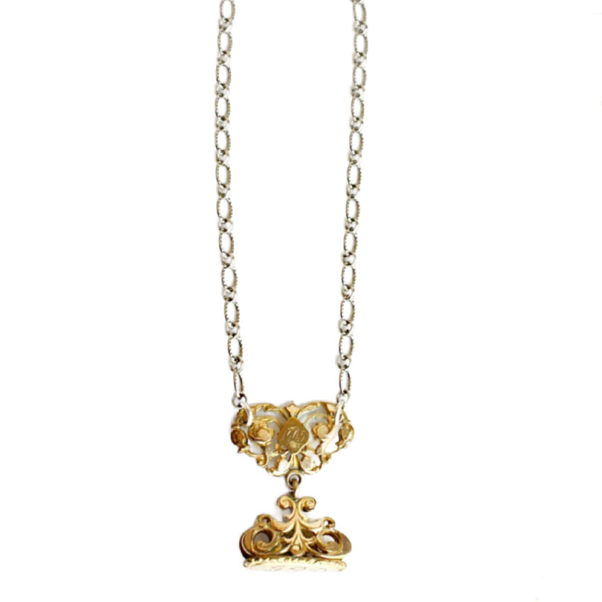 Antique Edwardian watch fob necklace with monogram JPD and engraved 1905 heart. A romantic heirloom jewel rich with history, character, and enduring elegance.