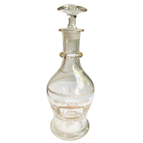 Antique Bohemian glass decanter floral cartouche Zum Andenken etched leaf bands