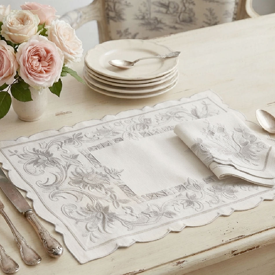Antique hand embroidered linen table ensemble for six with tulip runner styled on French table with silver and roses