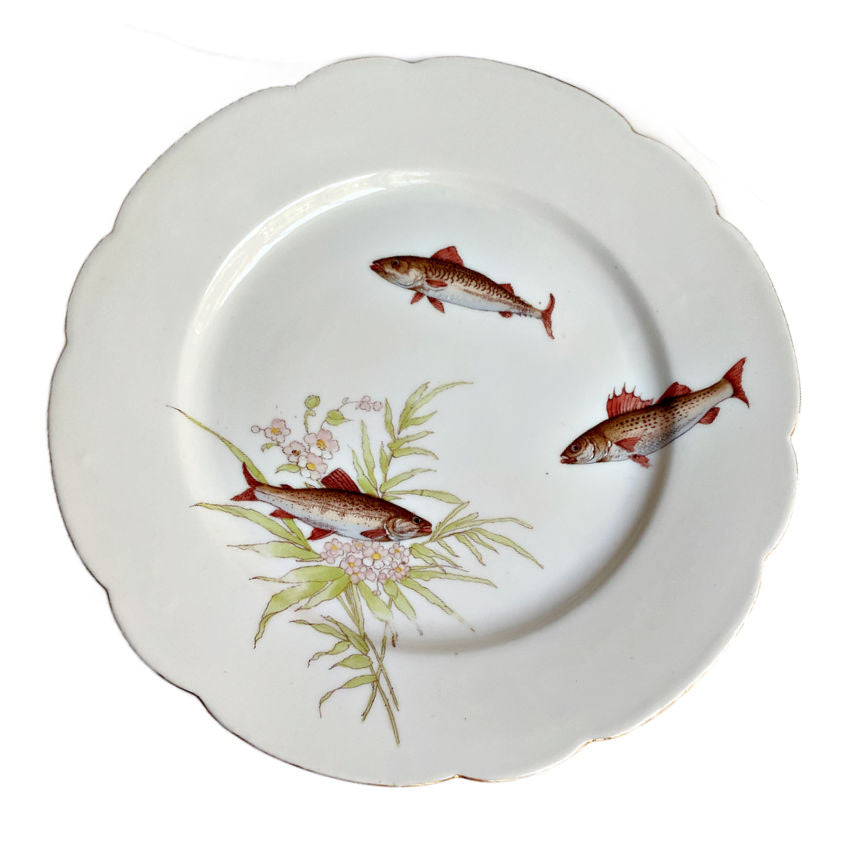 Antique Hand Painted Porcelain Fish Plates Set of 9