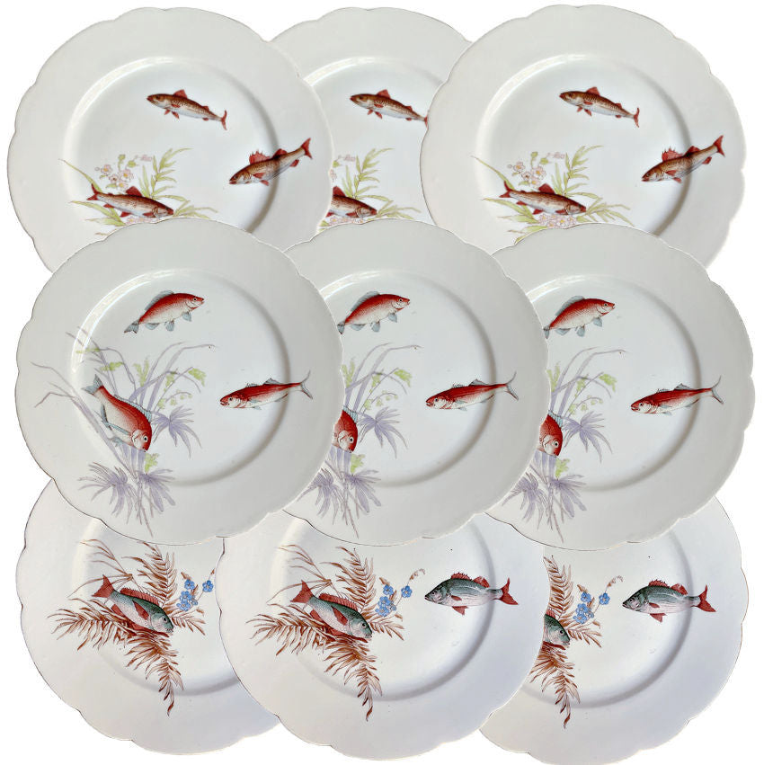 Antique Hand Painted Porcelain Fish Plates Set of 9