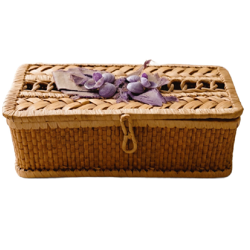 Antique shellwork box with original purple silk ribbon, showing its aged condition