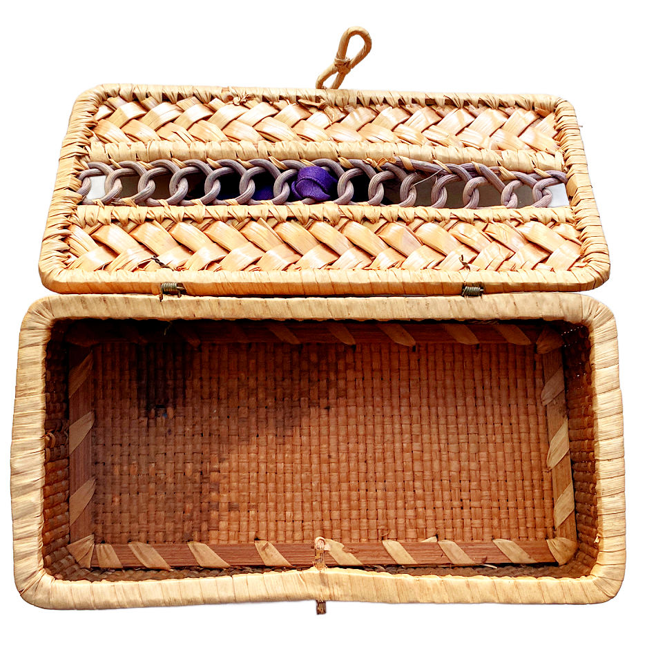 Antique shellwork box with original purple silk ribbon, showing its aged inside condition