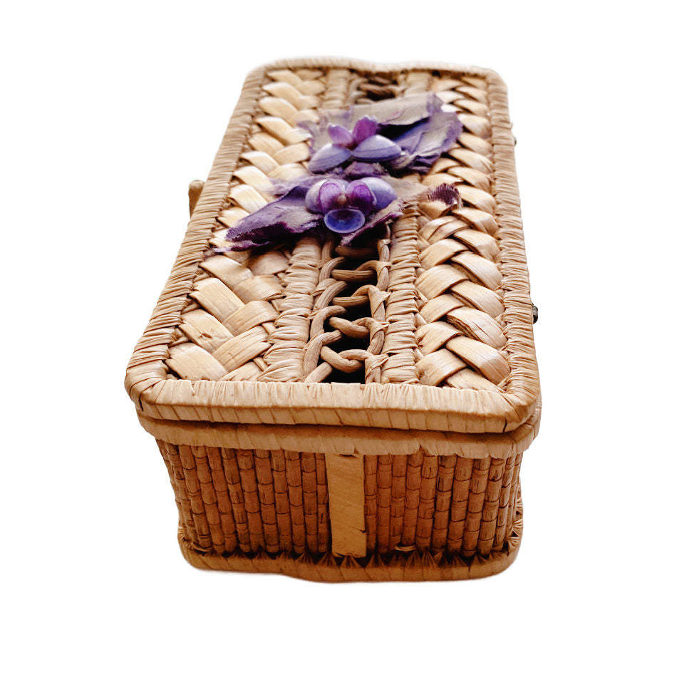 Antique woven box with purple silk ribbon bow and delicate shell pansy flowers