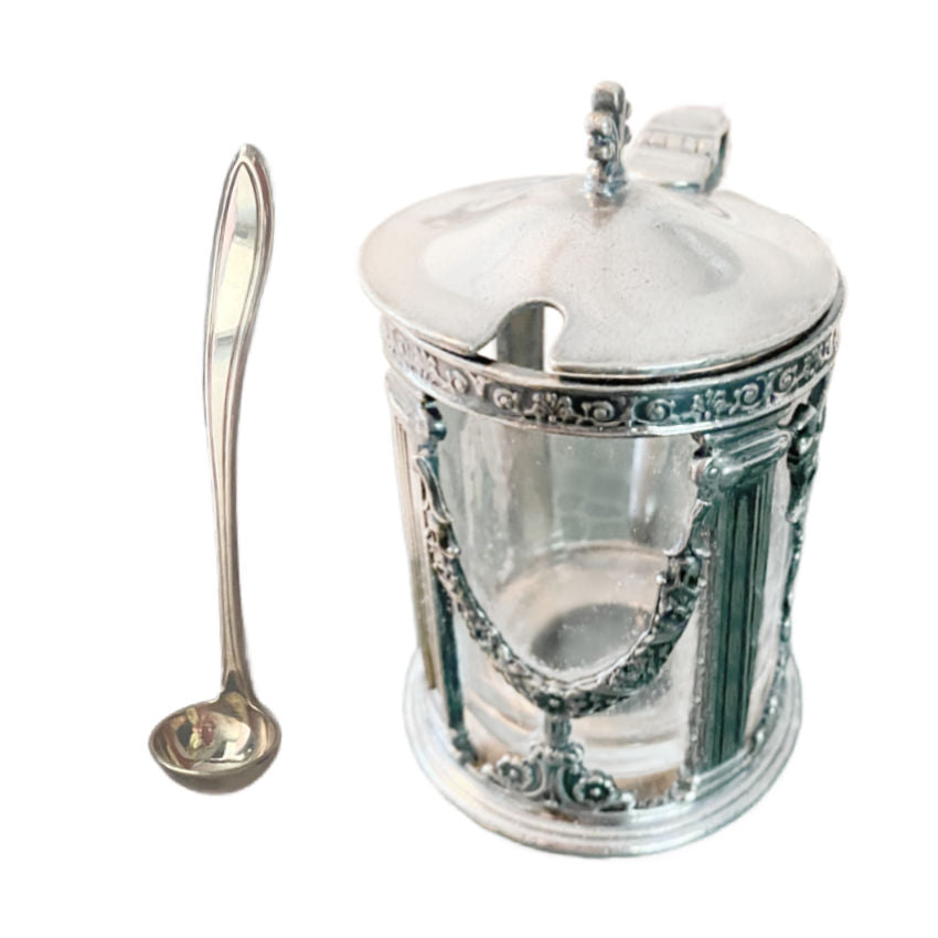 Antique Hotel Deshler hotel silver mustard pot and  serving spoon