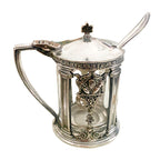 Hotel Deshler antique silver plate mustard pot with ornate openwork frame with spoon