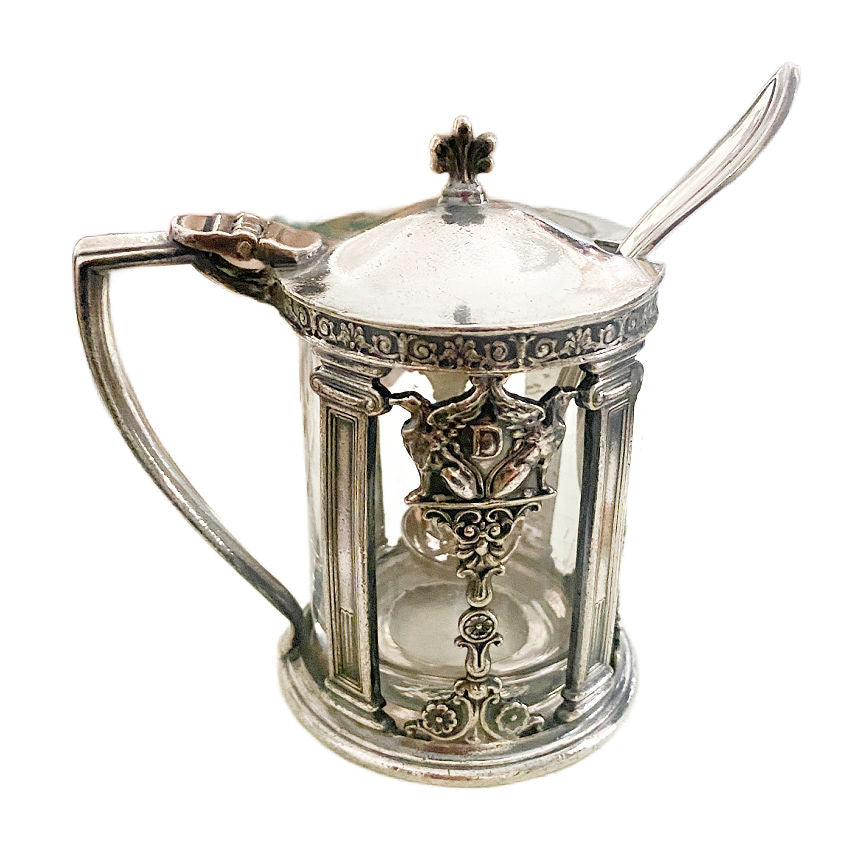 Hotel Deshler antique silver plate mustard pot with ornate openwork frame with spoon