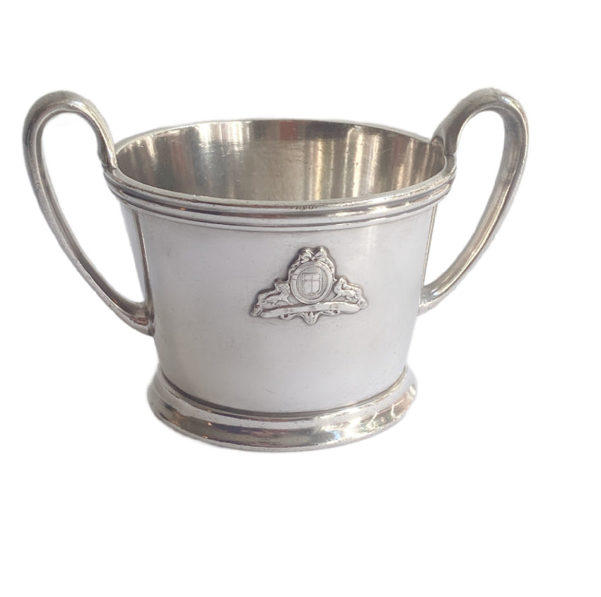 Antique Hotel Silver Double-Handled Small Bowl with Heraldic Detail