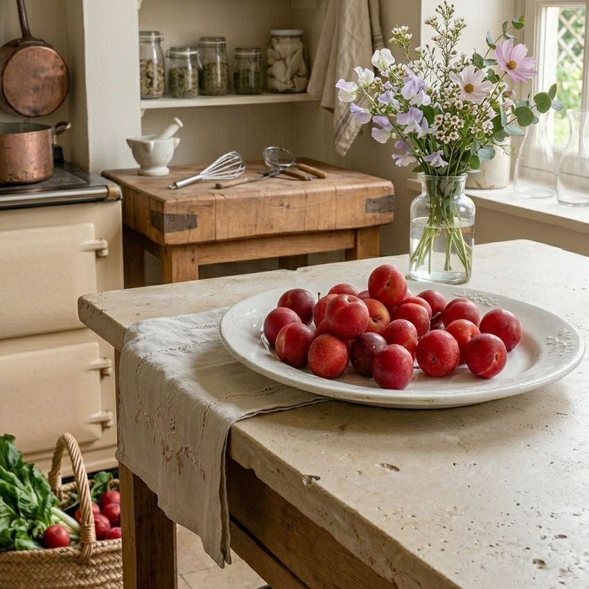 antique ironstone platter J & G Meakin leaf and berry border styled in French country kitchen on stone table