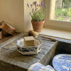 Antique Mulberry flow blue soap dish with french soap in sink