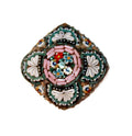 Antique Italian micro mosaic floral square brooch with a pink center and intricate floral patterns in multicolor.