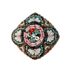 Antique Italian micro mosaic floral square brooch with a pink center and intricate floral patterns in multicolor.