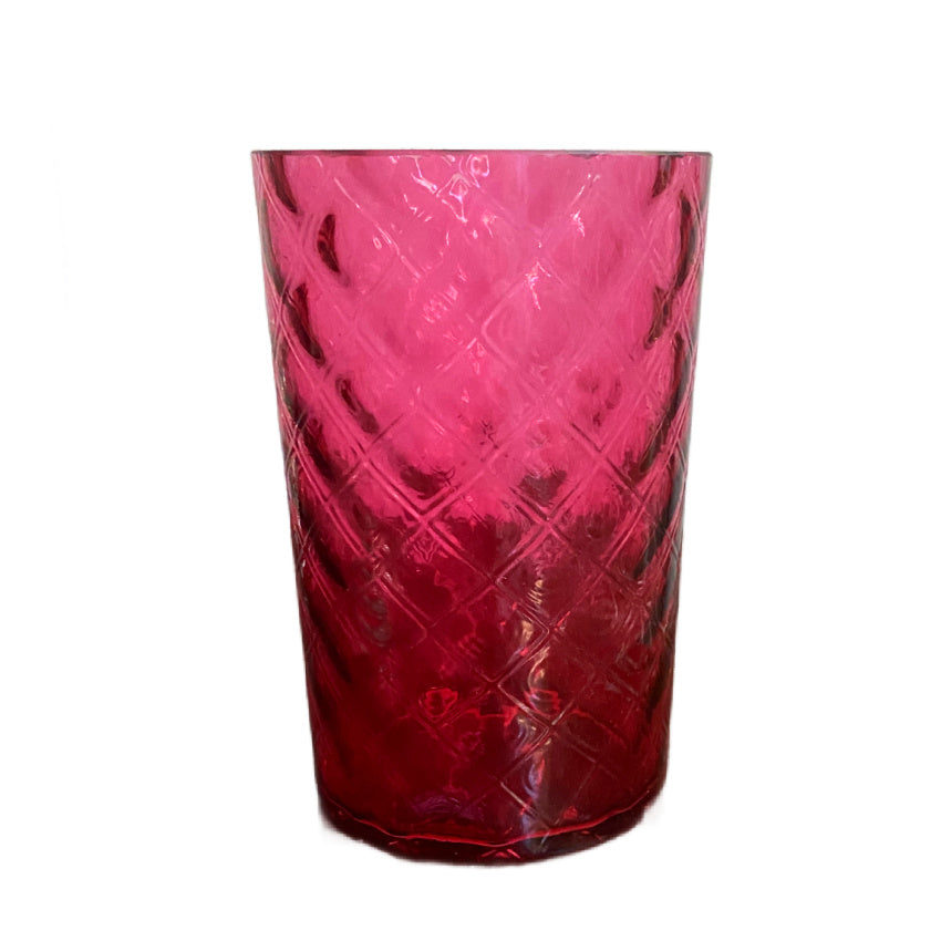 James W. Tufts Model 3615 silver plate pickle castor with cranberry glass jar, fitted lid, and ornate handle view of glass insert