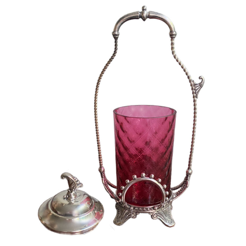 Antique James W. Tufts Cranberry Glass Pickle Castor