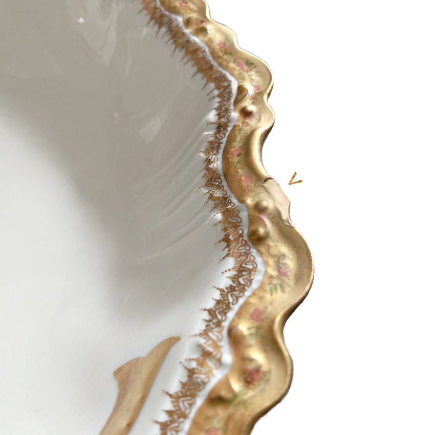 Antique Jean Pouyat Limoges Gilt Serving Bowl with Bow Handles