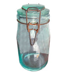 Antique French Idéale aqua glass canning jar with original glass lid and wire bail closure