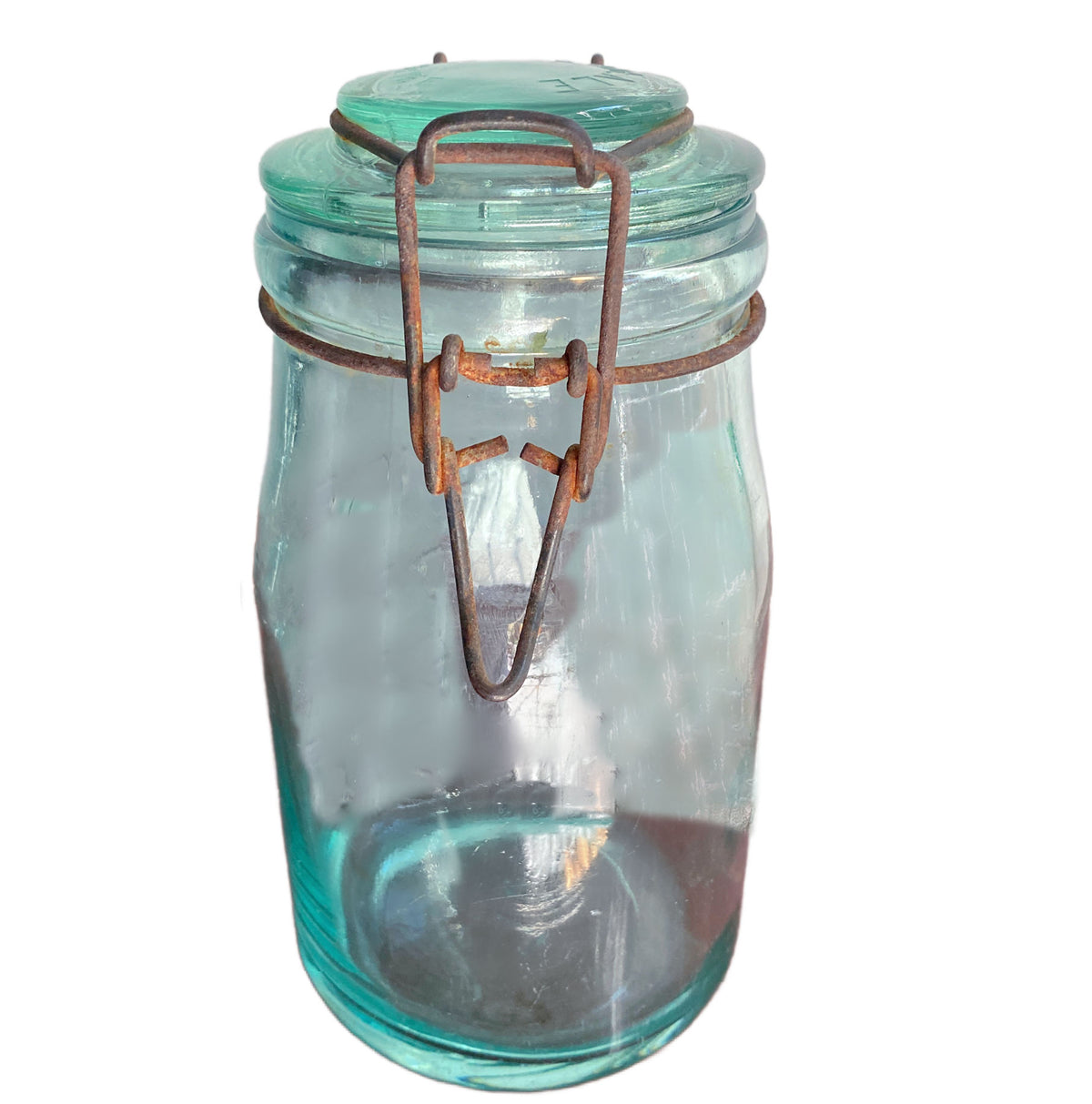Antique French Idéale aqua glass canning jar with original glass lid and wire bail closure