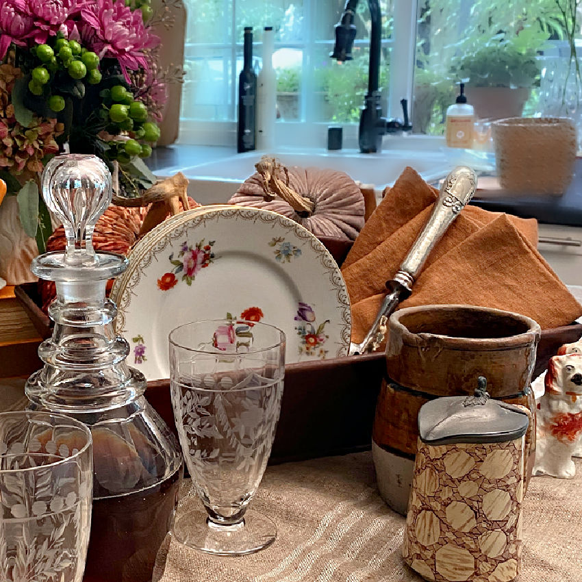 1800&#39;s antique French Country Work Box with Heart Handle and Dovetail Joinery with antique plates ready for dinner party