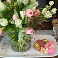 Elegant antique English Staffordshire  ironstone platter, made in the 1880's, with delicate pink flowers & wheat stalks. Large “Opaque Stone China” collectible for display. with pink tulip floral bouquet and heart macarons
