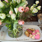 Elegant antique English Staffordshire  ironstone platter, made in the 1880's, with delicate pink flowers & wheat stalks. Large “Opaque Stone China” collectible for display. with pink tulip floral bouquet and heart macarons

