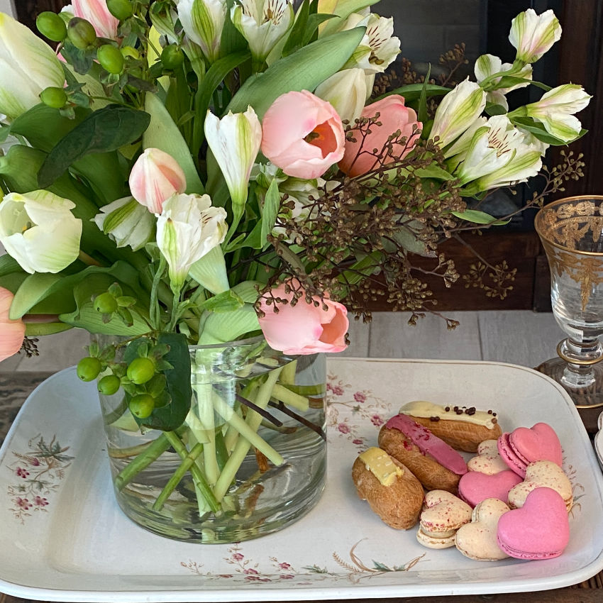Elegant antique English Staffordshire  ironstone platter, made in the 1880's, with delicate pink flowers & wheat stalks. Large “Opaque Stone China” collectible for display. with pink tulip floral bouquet and heart macarons
