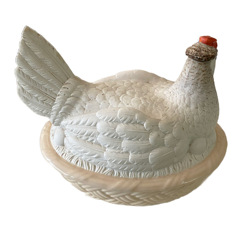 Back view of Antique large English Staffordshire hen on eggs tureen by Hammersley & Co, early 20th-century white porcelain, 10 inches tall