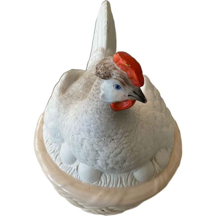 Overhead view of antique Staffordshire hen sitting on eggs, Hammersley & Co marked, early 20th-century English porcelain tureen