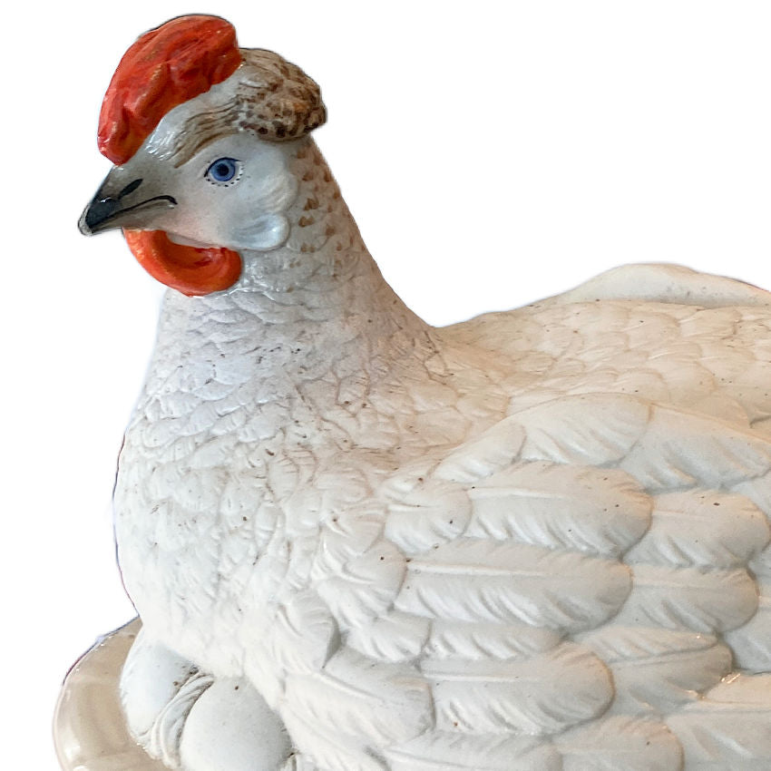 Close-up of Staffordshire hen’s head and finely modeled feathers, Hammersley & Co English porcelain