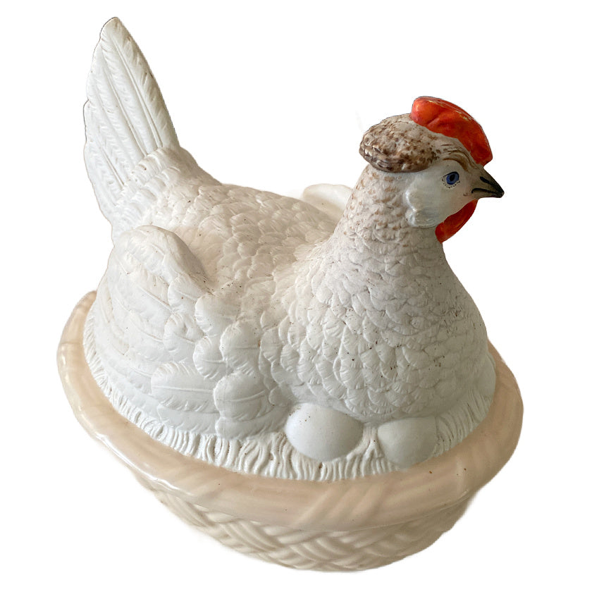 Back Side profile of Hammersley & Co Staffordshire hen on eggs tureen, elegant English porcelain figure, collectible early 1900s Staffordshire