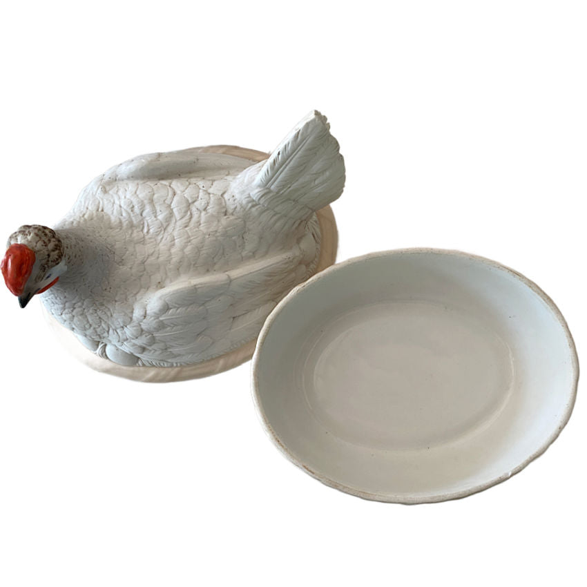 Interior view of antique Hammersley & Co Staffordshire hen on eggs tureen, early 20th-century English porcelain, pristine inside, collectible piece