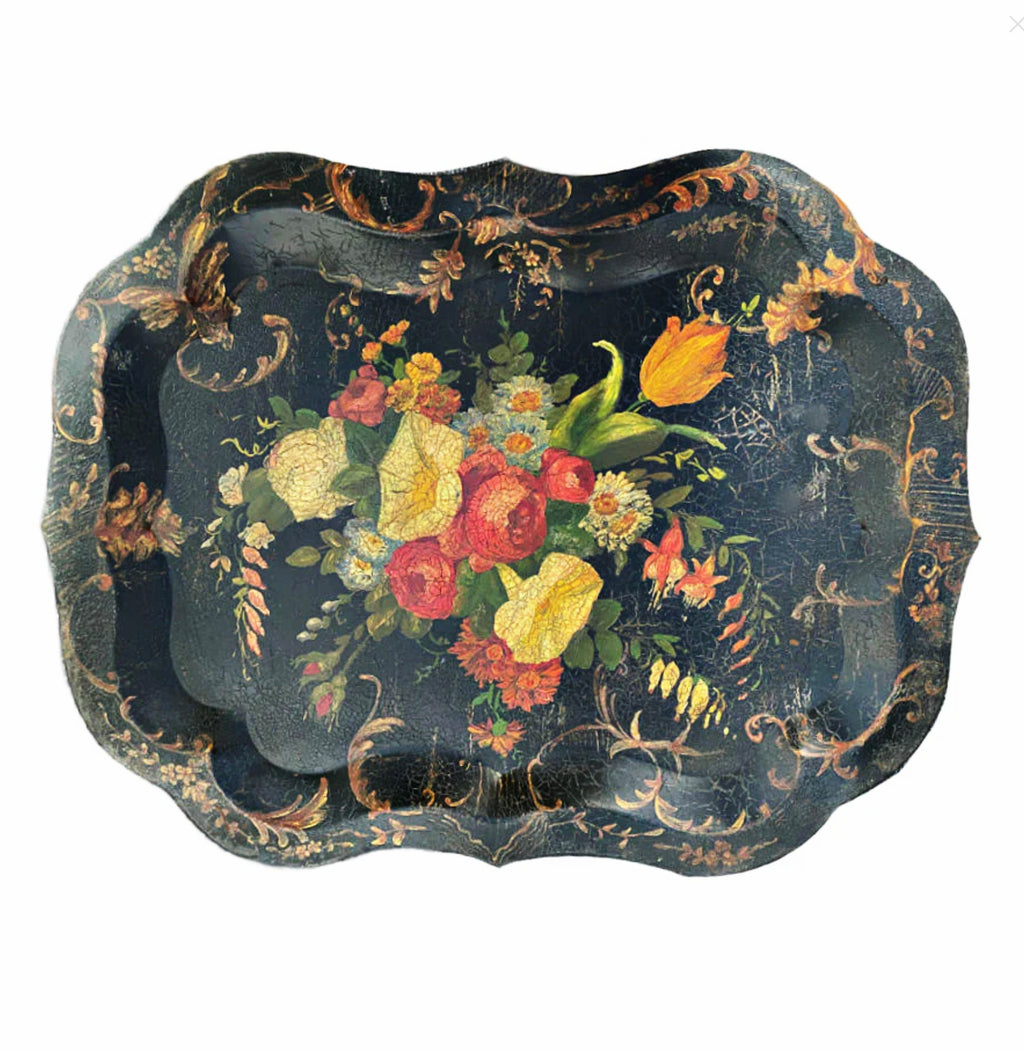 Antique hand painted tole tray black ground floral roses pansies tulips, gold details