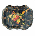 Antique hand painted tole tray black ground floral roses pansies tulips, gold details