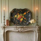 large black background tole tray decorative wall statement floral art piece on French country mantel