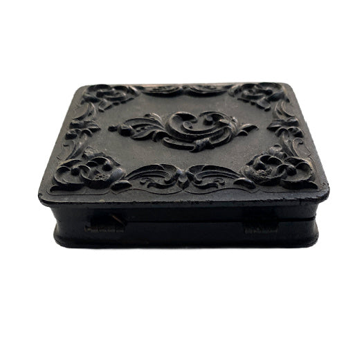 Antique Littlefield Rococo Scroll Union Case, Civil War era thermoplastic photographic case measuring 2-1/2" x 3", empty with original glass.