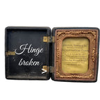 Antique Littlefield Rococo Scroll Union Case, Civil War era thermoplastic photographic case measuring 2-1/2" x 3", empty with original glass and one broken hinge.