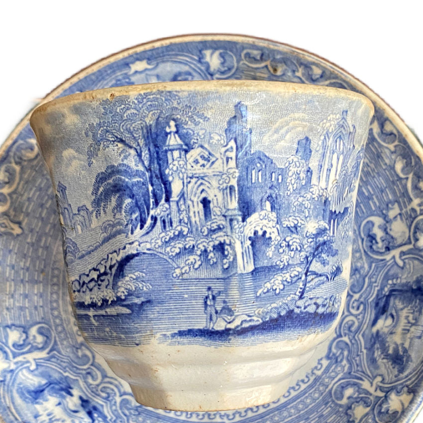 Detail of Abbey transferware pattern on 1850 Livesley Powell &amp; Co. handleless tea bowl