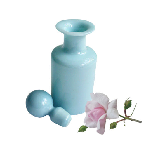 Exceptional 19th-century Louis Philippe turquoise opaline glass perfume decanter with original bulle de savon stopper, French mid-1800s, collectible decorative art. with pink rose
