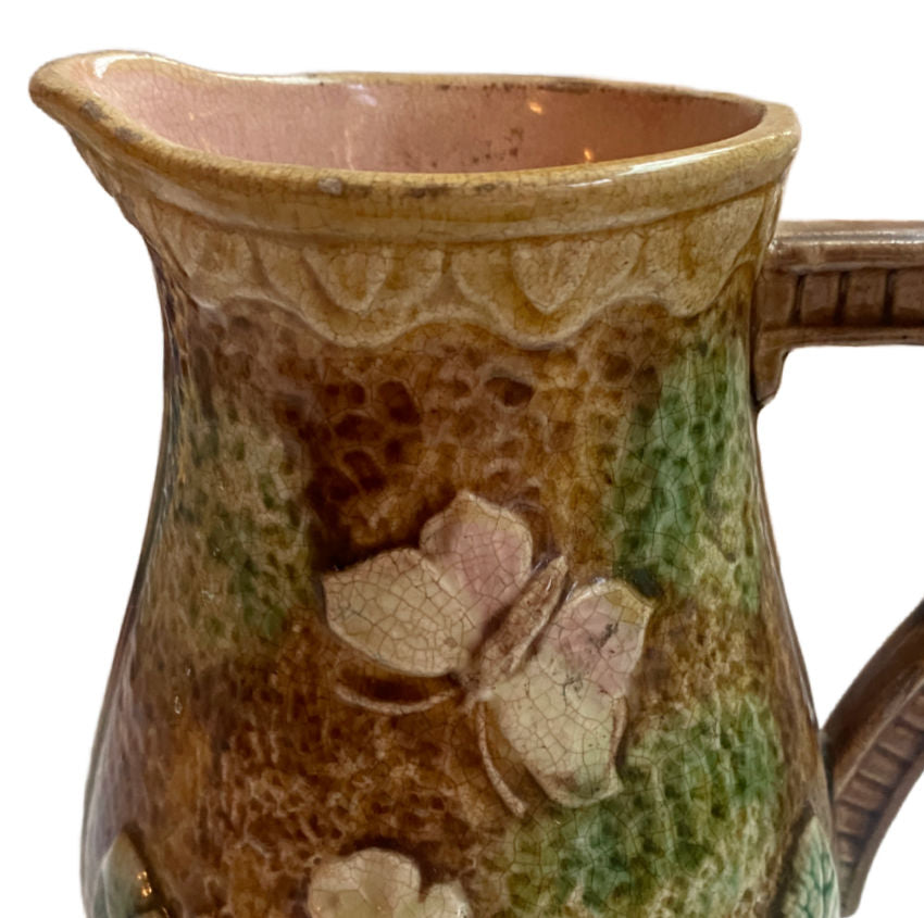 Antique Majolica Pitcher with Flowers and Butterflies